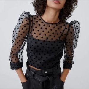 ZARA Black Polka Dot Organza Top - Size Small - NEW w/ Tags!